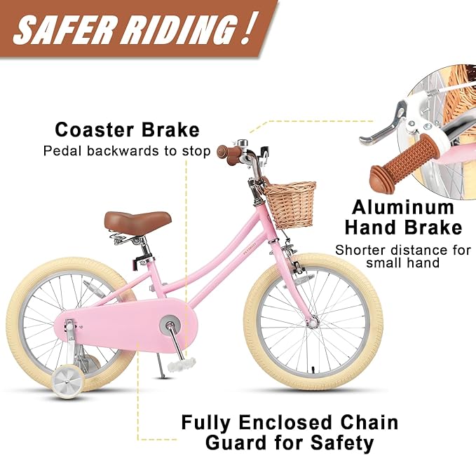 Petimini Vintage Kids Bike for Girls, 12–20 Inch Classic Bicycle with Wicker Basket & Bell, High Tensile Steel Frame, Training Wheels (12–18”), 85% Pre-Assembled, Retro Bike for Outdoor Riding