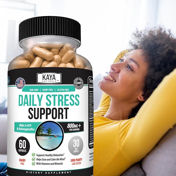Kaya Naturals - Natural Herbal Stress Support Vitamin Supplement to Relax and Calm the Mind - Boost Mood - Happy Pills - Stress Relief Support - Vitamin Supplement - 60 Capsules