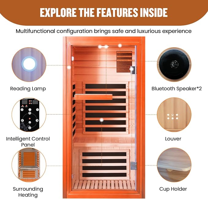 Infrared Sauna, Far Infrared Saunas for Home, Low EMF 1 Person Sauna Indoor Sauna Room Dry Sauna with Bluetooth Speakers 7 Color Light Therapy 1065W/120V Fast Heating Easy Assembly 31.5 * 31.5 * 63"