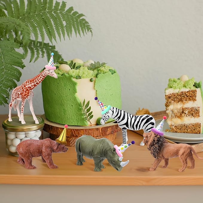 18 Pcs Jungle Animal Birthday Party Decorations Mini Birthday Hat Animal Figure Model Cake Toppers with Mini Hat for Birthday Party, Wild Animals Themed Party
