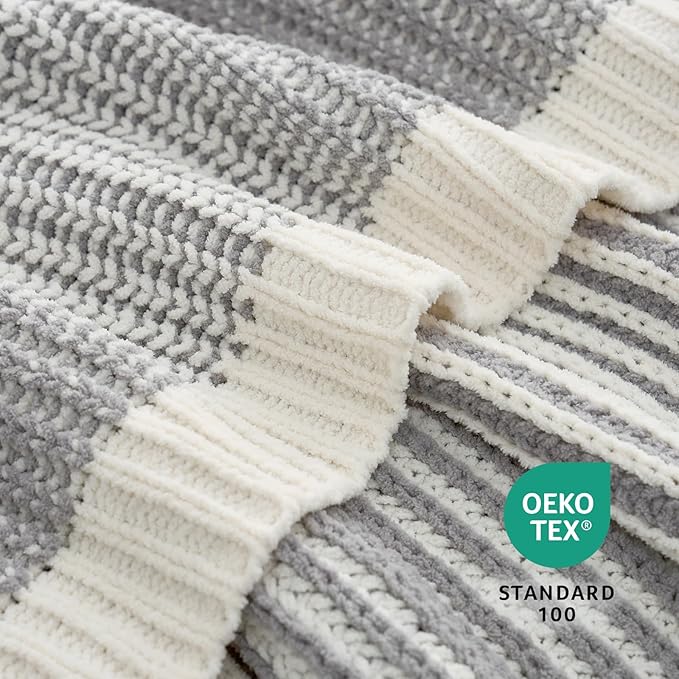 Amélie Home Premium Chenille Throw Blanket, Soft Cozy Luxury Two-Tone Knit Blanket for Couch, Sofa, Chair, Home Decor, Grey & Ivory 50"x60"