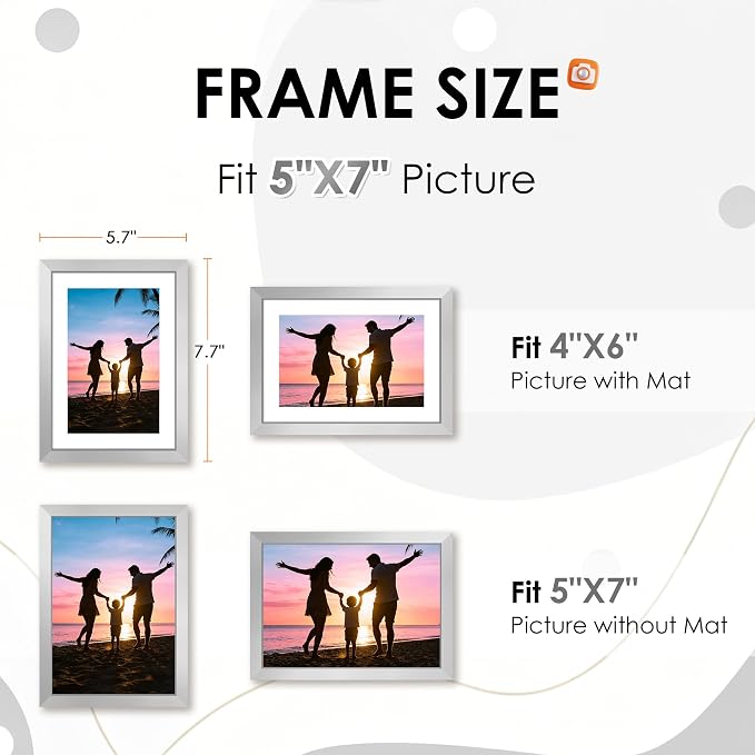 FIXSMITH 5x7 Picture Frame Set of 2, Silver Photo Frame with HD Plexiglass, Display Pictures 4x6 with Mat or 5x7 Without Mat Multi Picture Frames Collage for Tabletop or Wall Display