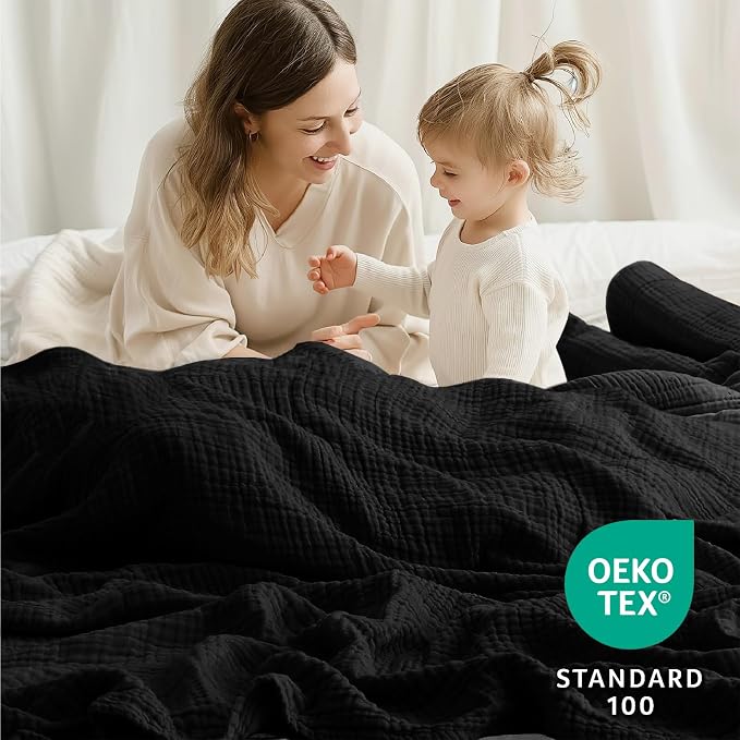 100% Cotton Muslin Blanket California King 120" x 90", 6 Layers Breathable and Lightweight Oversized Blankets for Bed, Soft Cooling Gauze Blanket for Adults All Season, Black