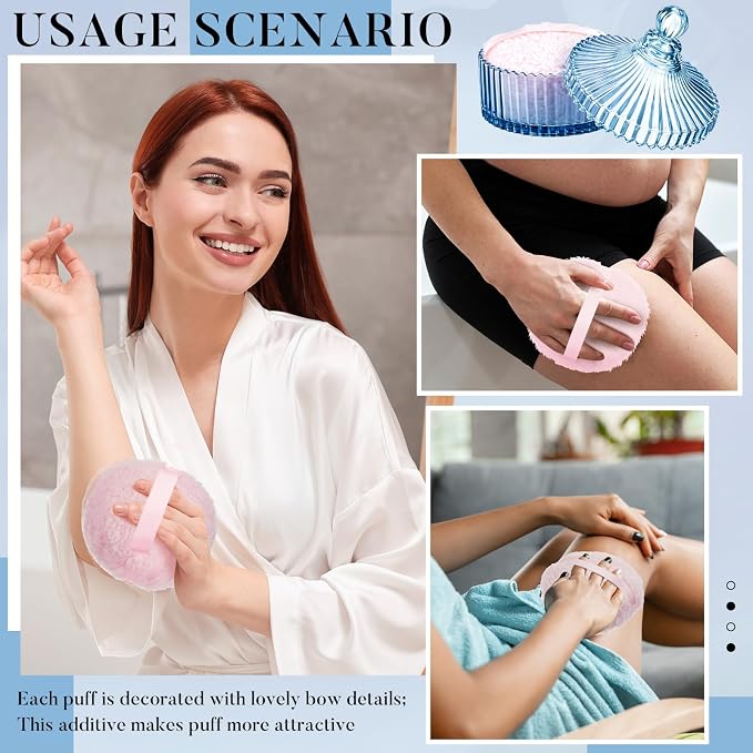 Tioncy 2 Pcs Extra Large Dusting Powder Puff and Container for Women-6'' Glass Crystal Dusting Powder Container with Body Soft Washable Reusable Velour Face(Blue,Classic)