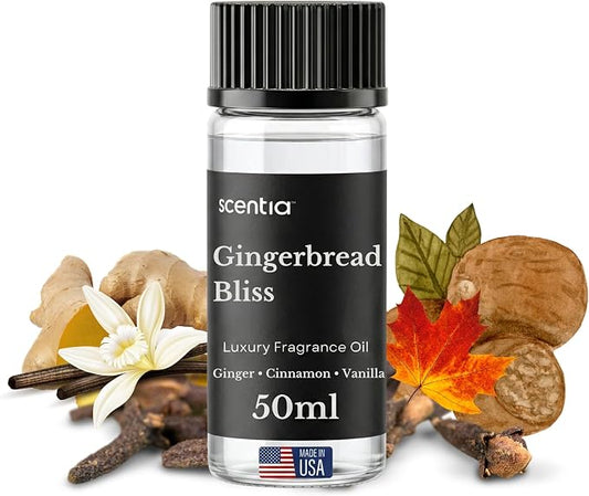 Scentia Gingerbread Bliss Fragrance Oil – 50ml Holiday Diffuser Oil | Warm Christmas Blend with Ginger, Nutmeg, Cinnamon & Vanilla | Perfect Stocking Stuffer, DIY Candles & Soaps