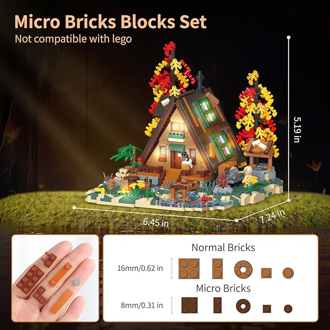 Wood Cabin Building Blocks Set with LED Lights-2151PCS Micro Bricks,Forest Wood House Building Toy Kit,Miniature House Model Decorations, Funny Birthday, for Age8+ Kids Adults
