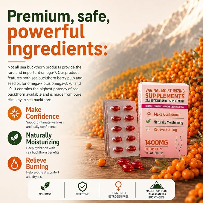 Vaginal Moisturizing Supplement for Women, Sea Buckthorn Oil, Omegas 3, 6, 7, and 9, Vitamins A and E, 100% Natural Formula, 60 Supplements