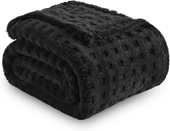 NEWCOSPLAY 3D Waffle Checkered Flannel Twin Blanket, Black, 60"x80" | Super Soft Cute Lightweight Decorative Premium Silky Fleece Blanket for Couch Sofa Bed, Gift for Women Men, All Season Use