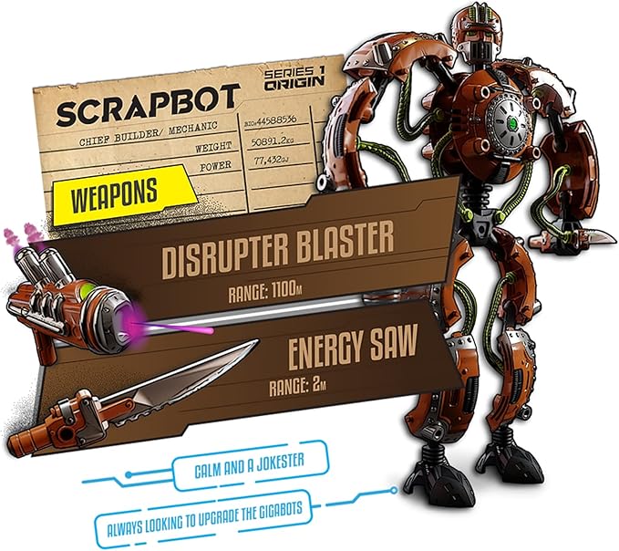 Giga Bots - SCRAPBOT | Energy Core Transforms Into 13 Inch Action Figure | Chief Builder & Mechanic | Unique Toy Combat Attachments and Skills | Includes 33 Buildable Pieces