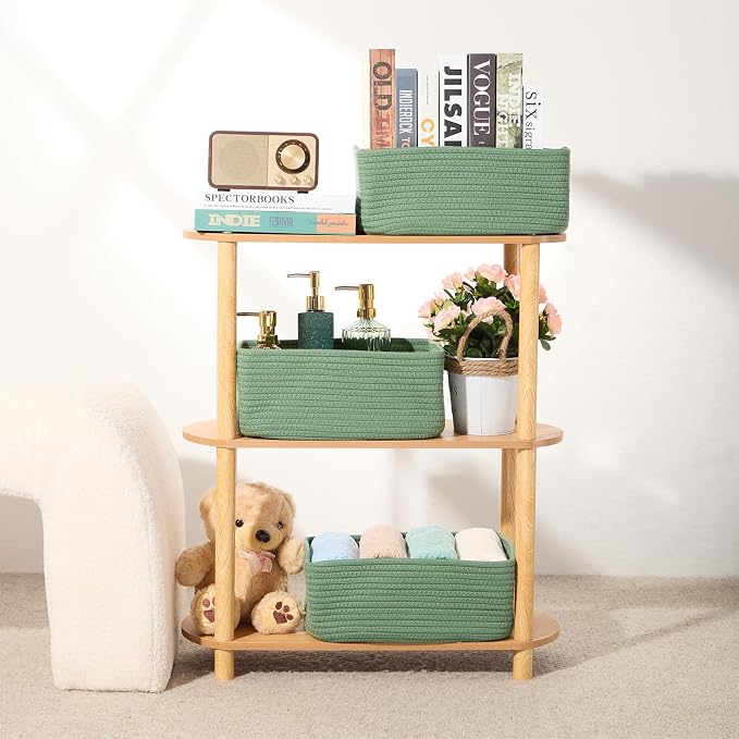 MiniArk Small Storage Baskets for Organizing | Closet Organizer Bins | Shelf Toy Basket | Woven Rope Baskets | Cube Decorative Box | Shallow Basket | 13x8.5x5.1” | 3 Packs Green