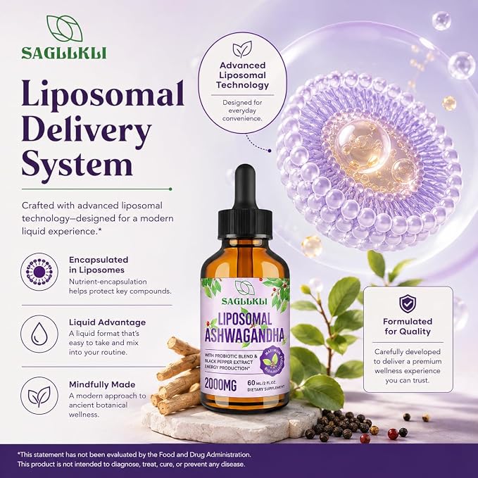 Liposomal Ashwagandha Liquid Drops 2000mg, Ashwagandha Root Extract Supplement (7% Withanolides) with Black Pepper Extract & Probiotics for Focus, Cognition & Energy - 2 FL.OZ (1 Bottle)