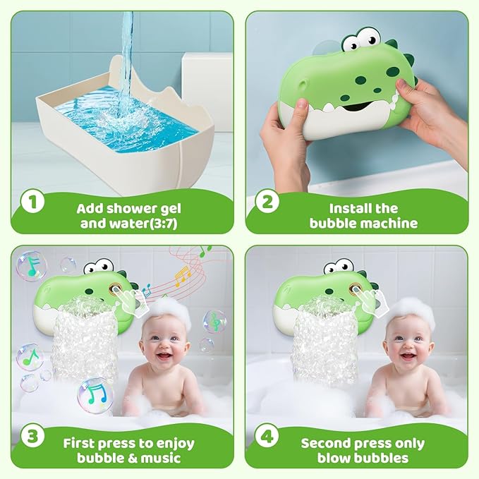 Baby Bath Toys, Rechargeable Dinosaur Bath Bubble Machine with Music, Bathtime Bathtub Toys for Toddlers Birthday Valentines Gifts, Bubble Maker Toys for Kids Ages 1-3 4-8 Baby Gifts(Green)