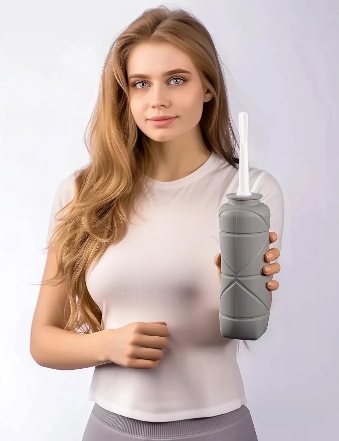 Foldable Compact Silicone Douche Bottle, Reusable Travel Douche Kit, 24 FL Oz Capacity, Grey