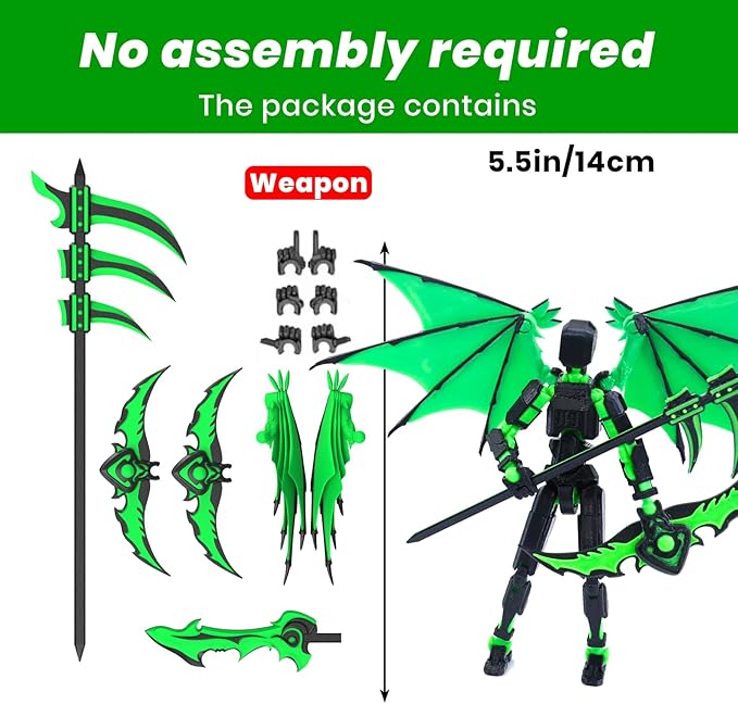 Titan 13 Robot Action Figure,Dummy 13,Articulated Robot with Demon Wings, 3D Printed robo 13 Action Figure Articulated (Bamboo Green)