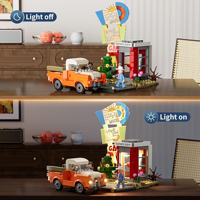 City Sunset-Stopover Lighting-Building-Bricks Set - Road Trip Car Station Modular Collection LED Light Building Set 455 Pcs for Adults, Teen and Travelling Enthusiasts