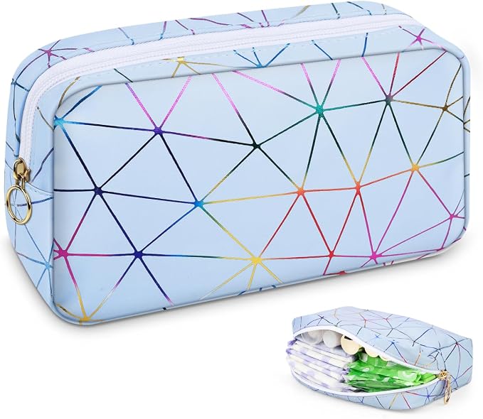 Tampon Holder for Purse Period Bag Waterproof Geometric PU Sanitary Napkin Storage Bag Portable Menstrual Cup Pad Pouch Cute Makeup Bag Feminine Gift Vibrant Blue