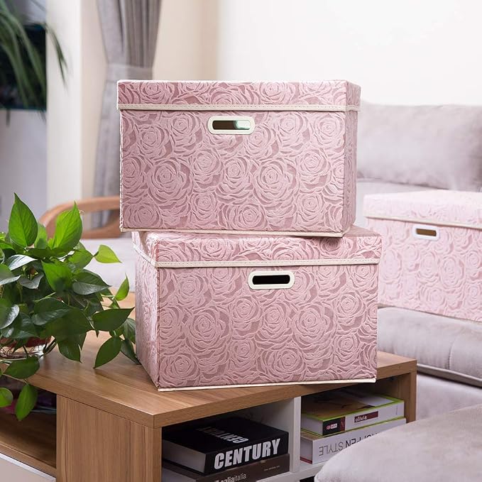 Larger Collapsible Storage Cubes with Lids Fabric Decorative Storage Bins Boxes Organizer Containers Baskets with Cover Handles for Bedroom Closet Living Room 17.7x11.8x11.8 Inch 3 Pack