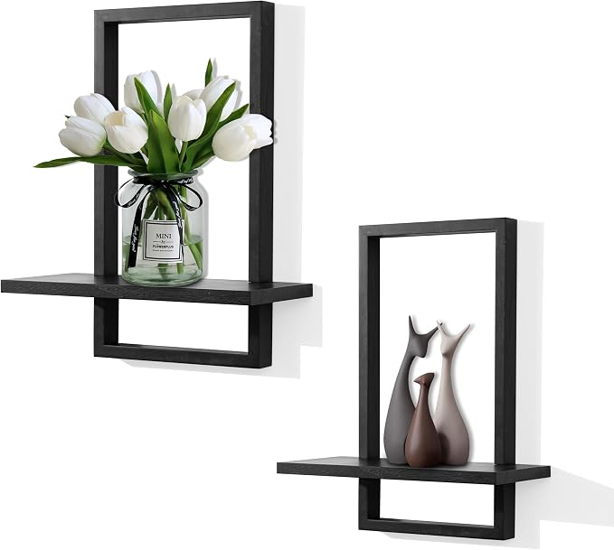Floating Shelves for Wall,Decorative Wall Shelves Black,Plants Shelf Framed | Square Wall Decor,Art Sconces Artificial Vases Hanging Storage Shelf for Bathroom Living Room Modern Elegant,Wood,L+S