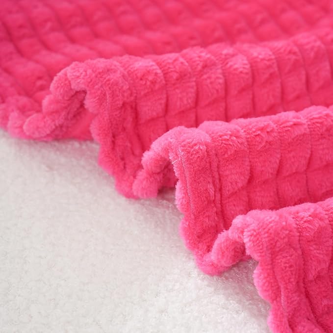 Puncuntex Fleece Throw Blanket Hot Pink 60"×80" with Square Grid Design | Super Soft Plush Cozy Flannel Throw Blanket Luxury for Couch Sofa Chair