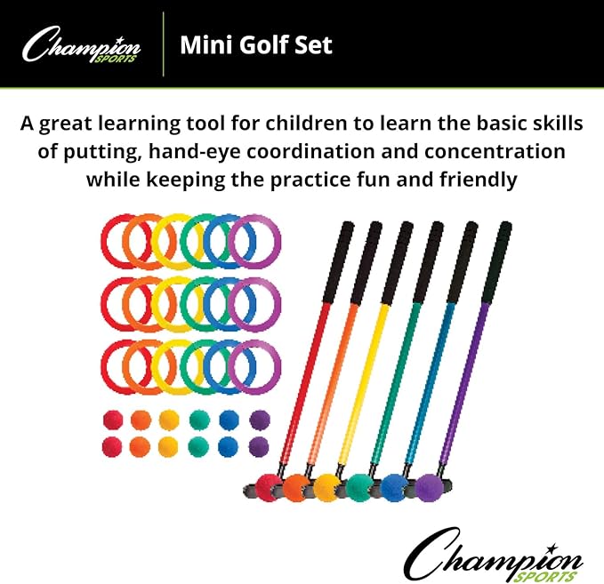 Champion Sports Mini Golf Clubs: Multi Colored Putt Putt Miniature Golfing Set for Kids - 6 Putters 18 Holes & 18 Balls