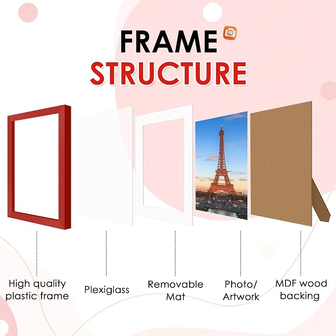 FIXSMITH 8x10 Picture Frame Set of 2, Red Photo Frame with HD Plexiglass, Display Pictures 5x7 with Mat or 8x10 Without Mat Multi Picture Frames Collage for Tabletop or Wall Display