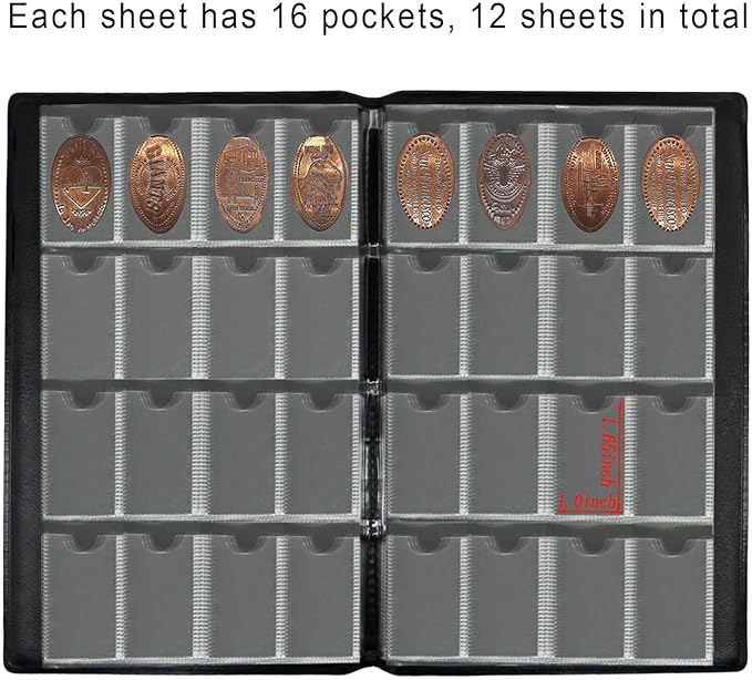 192-Pocket Penny Album, Compact Pressed Penny Collector Book, Durable Black Faux Leather Penny Holder for Travel Collection