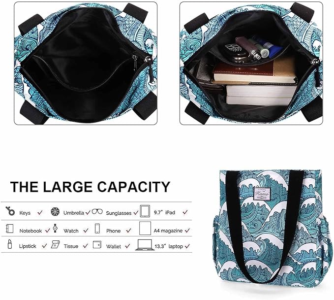 KAMO Floral Tote Bag - Waterproof Lightweight Handbags Travel Shoulder Bag for Hiking Yoga Gym Swimming Travel Beach