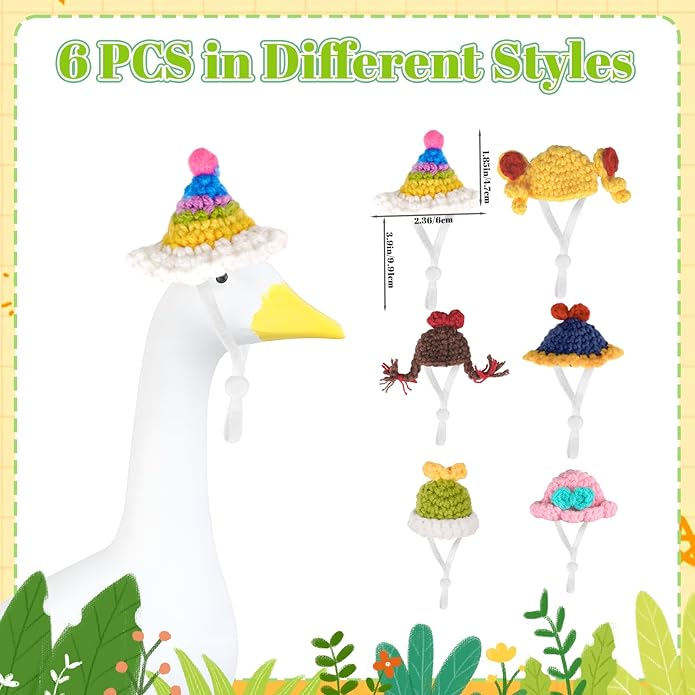 6PCS Mini Knitted Goose Hat with Adjustable Strap,Magnetic Desk Goose Outfits 7 inches,Mini Hat for Statue Keychain Holder,Small Headware for Decoration
