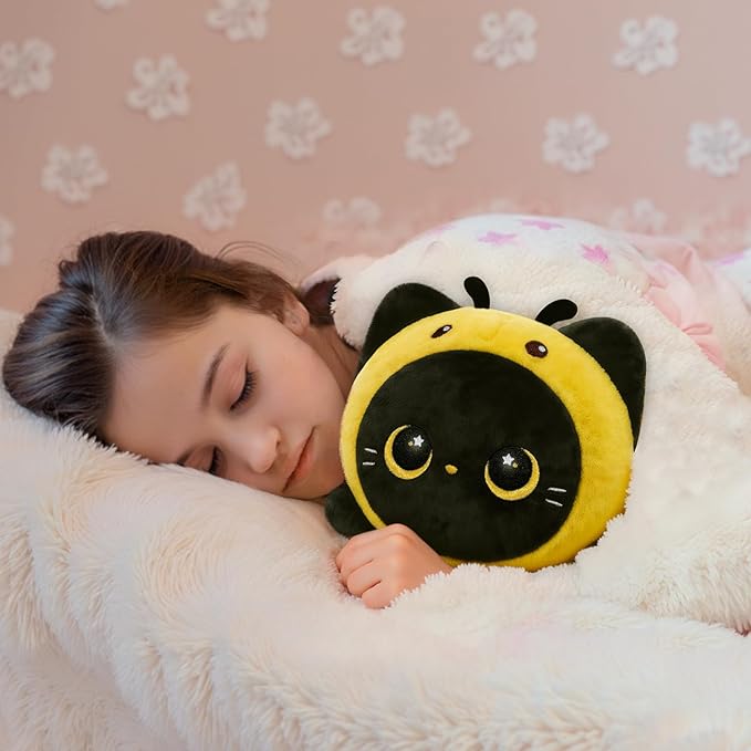 Mewaii Cute Black Cat Bee Plush Pillow, Kawaii Plushies Bee Stuffed Animal Toy, Kitten Plushies with Honeybee Outfit Costume, Soft Squishy Birthday Gifts for Kids & Girls (16 Inch)