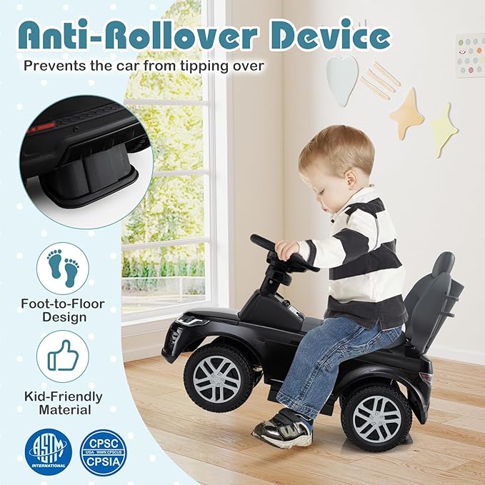 Costzon Push Car for Toddlers, 3 in 1 Land Rover Discovery Stroller Sliding Walking Car with Handle, Horn Sound, Underneath Storage, Armrest Guardrail, Foot-to-Floor Ride On Toy for Boys Girls (Black)