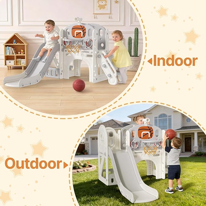 BIERUM 9 in 1 Toddler Slide, Kid Slide for Toddlers Age 1-3 with Ring Toss, Basketball Hoop, and Telescope, Indoor Outdoor Playset Playground Beige Gray