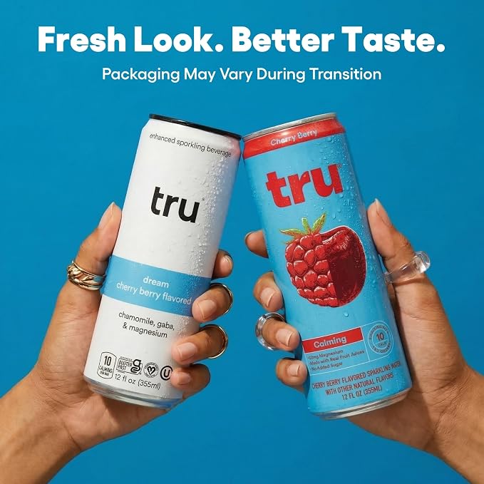 Tru Dream Calming Drink, Magnesium Glycinate Sparkling Water with Real Fruit Juice, Cherry Berry Flavored Seltzer, Caffeine Free, No Added Sugar, Keto, Vegan, Kosher, Gluten Free, 12 Fl Oz (Pack of 12)