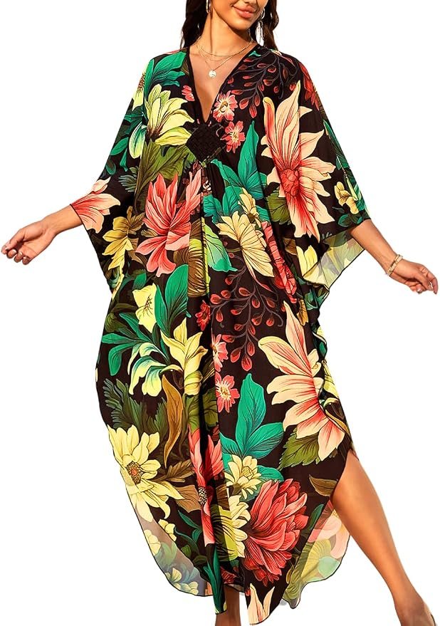 ChiaoLezhee Print Moo-Moos for Women, Kaftan Cover-Up Dresses, Sexy V-Neck High-Slit, Beach Pool-Party Coverups Muumuu Plus