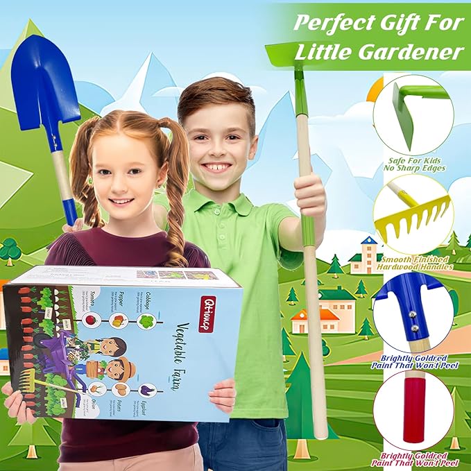 Qtioucp Kids Gardening Tools Outdoor Toys Set Backyard Play with Wheelbarrow Educational STEM Learning Pretend Toys Outdoor Indoor for Toddlers Kids Boys Girls
