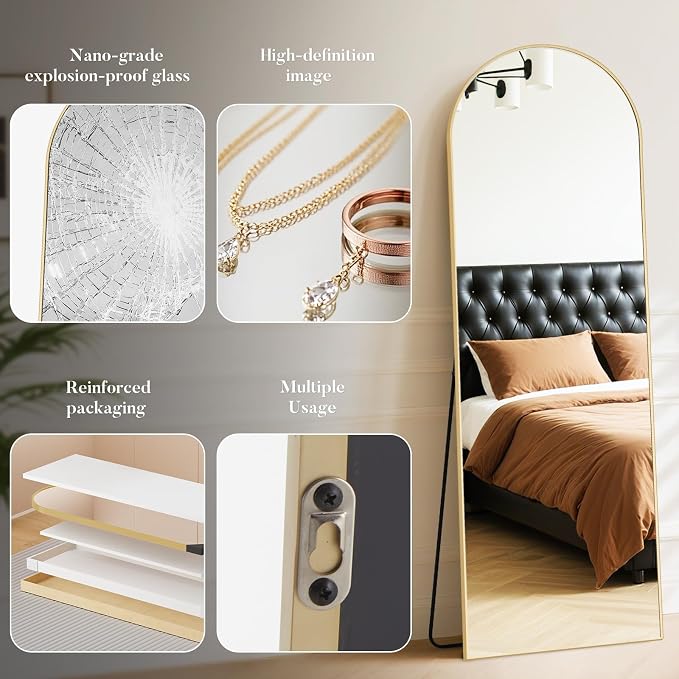 DUMOS 64"x21" Arched Full Length Floor Mirror, Full Body Mirror with Stand, Shatterproof Tempered Glass, Modern Aluminum Alloy Frame, Free Standing or Leaning for Home Decor, Gold