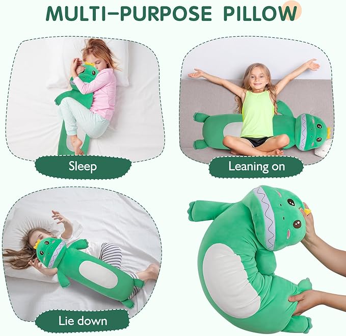 36” Large Dinosaur Plush Long Pillow, Cute Green Extra Dinosaur Stuffed Animals, Big Soft Body Pillow Squishy Plushies Toy, Gifts for Kids Boys Girls, Birthdays