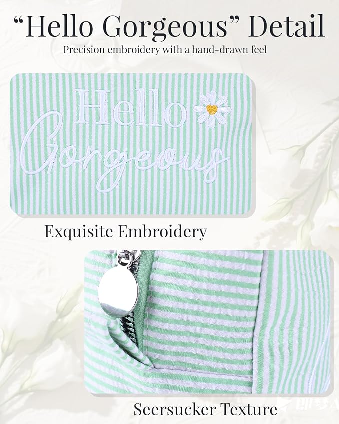 Hello Gorgeous Cosmetic Bag, Cute Daisy Makeup Bag, Compliment Gift for Women Girls Bride & Bridesmaid, Seersucker Stripe Travel Toiletry Pouch w/Zipper, Wedding Organizer Storage (Green)