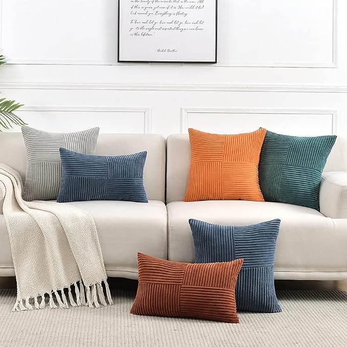 Fancy Homi 2 Packs Teal Samll Decorative Throw Pillow Covers 12x12 Inch with for Couch Bed Sofa, Rustic Farmhouse Boho Home Decor, Soft Corss Patchwork Corduroy Square Cushion Case 30x30 cm