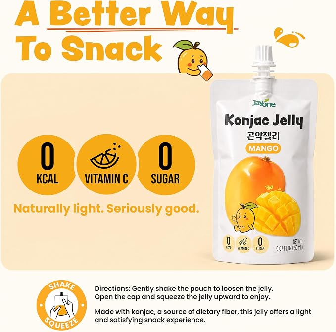 Jayone Drinkable Konjac Jelly Pouch - Mango Flavor, 10 Pack, 5.07 fl oz Each - Zero Sugar, 0 Calories, 17% Vitamin C, Halal, Made in Korea