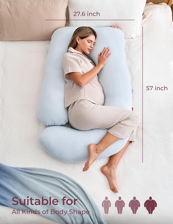 Momcozy Pregnancy Pillows for Sleeping, U Shaped Full Body Pillow for Pregnancy Women with Removable Jersey Cotton Cover, 57 Inch Maternity Pillow, Light Blue