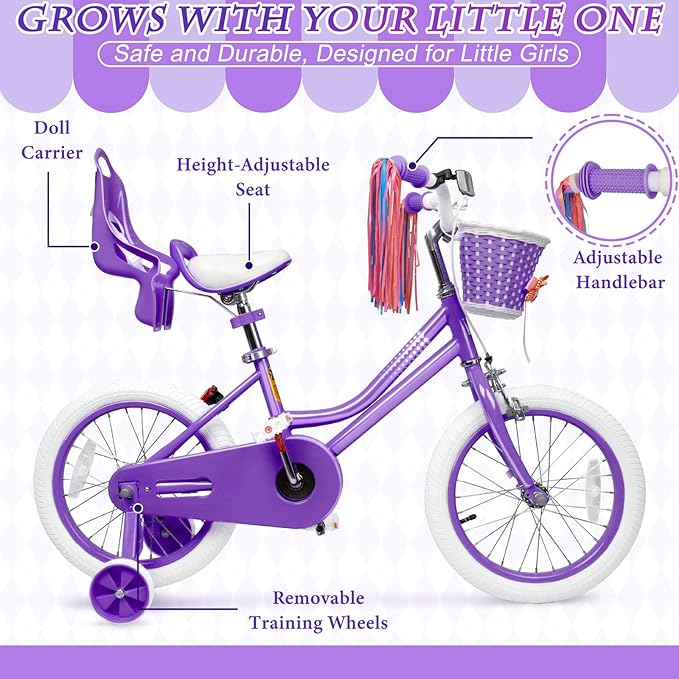 KORIMEFA Girls Bike for Ages 2-8 Years Toddler Kids with Doll Seat, 12 14 16 Inch Bicycle with Training Wheels, Little Small Princess Bicycle with Basket& Streamers, Girls Pedal Bike