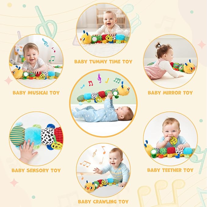 JoyCat Baby Toys 0-18 Months, Musical Crawling Caterpillar Plush Toy - 38 Songs & Recording Feature, Bouncing Tummy Time Toy, Sensory Toys with Crinkle & Textures for Newborn Boys Girl Shower Gifts