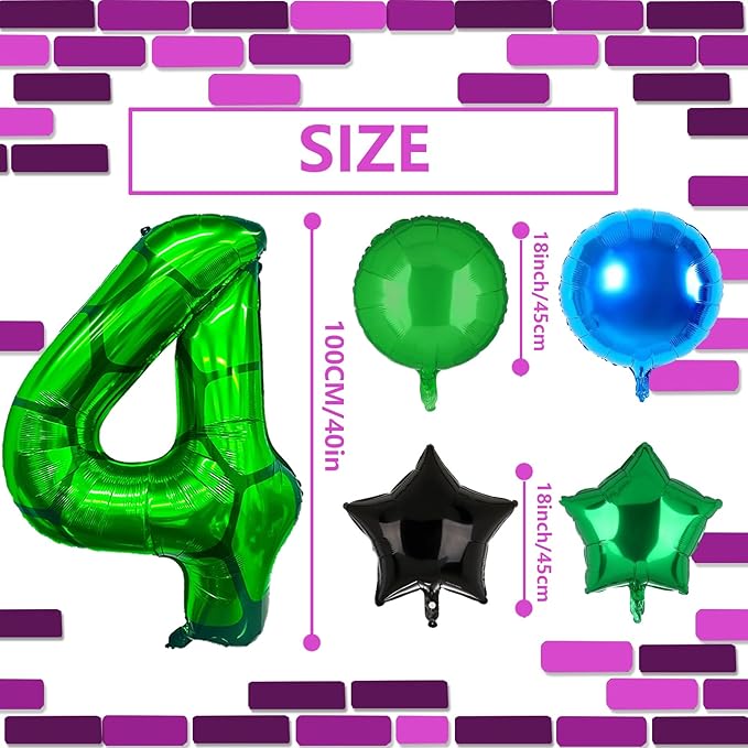 5Pcs Cartoon Turtle Theme Birthday Decorations 40 Inch Number 4 Foil Balloons Super Green Turtle Themed Hero Large Mylar 4th Number Balloon Video Game Party Favors Blue