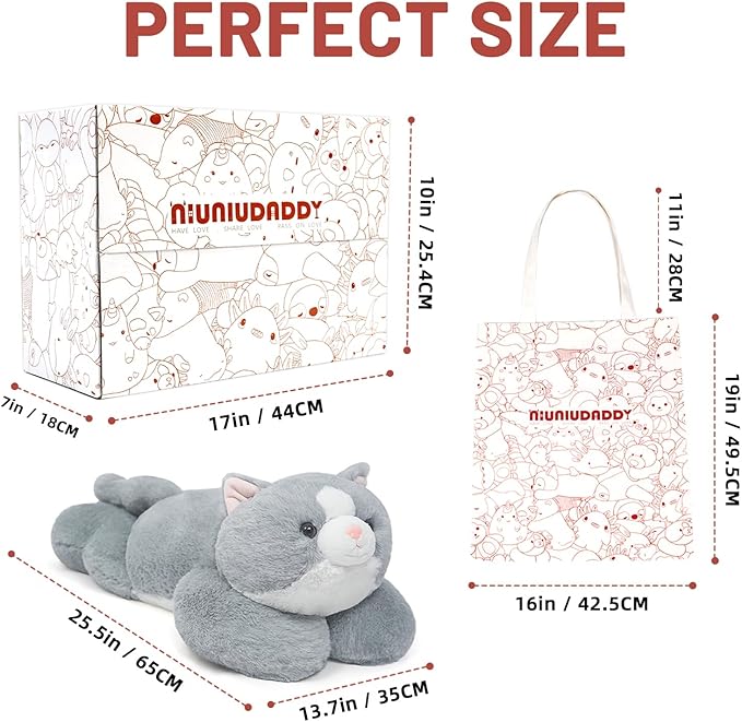 NiuniuDaddy 23.6" | 5 Pounds Grey Cat Weighted Stuffed Animals, Cute Weighted Plush Pillow Comfort Big Large Weighted Pillow Plushies Gifts for Kids & Adults, Include Bag, Stickers, Card on Valentine