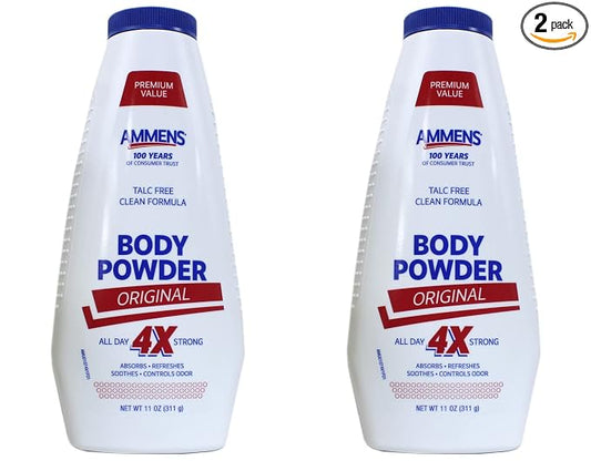 Ammens Body Powder Original – Talc-Free Clean Formula, All-Day 4X Strong Protection, 11 oz (Pack of 2)
