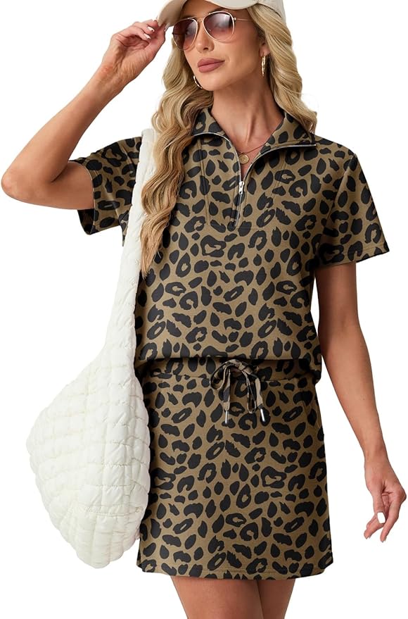 GRECERELLE Women's Summer 2 Piece Skort Set Half Zip Short Sleeve Top & Pocketed Tennis Skirt For Sports & Vacations.