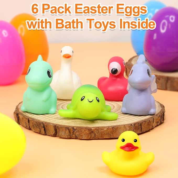 6 Pack 3.5" Large Easter Eggs Filled with Light Up Animal Floating Bath Toys, Plastic Easter Eggs with Dinosaur, Duck Toys Inside for Kids Toddlers Easter Basket Stuffers Fillers Gift Party Favors