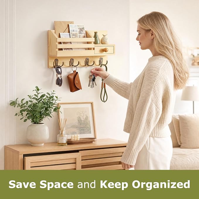 Key Holder Wall Mount, Wooden Key and Mail Organizer, Natural | 2 Mount Options, Includes 8 Hooks, Fence Mail Slot, Small Drawer and Shelf, for Entryway, Hallway, Doorway, Living Room, RV