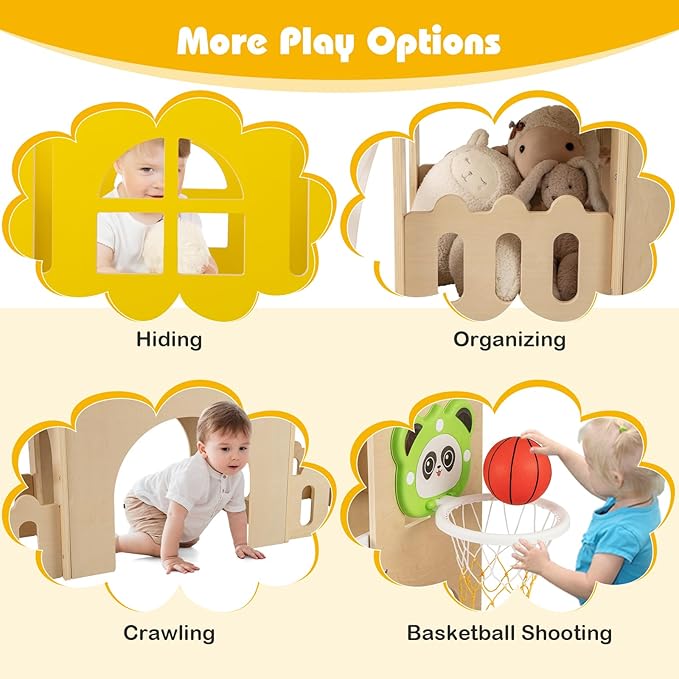 Costzon Wooden Toddler Slide, 7-in-1 Climber Playset with Slide, Basketball Hoop, Extra-Long Aisle, Peek-a-Boo Window, Crawling Tunnel & Storage Space, Indoor Outdoor Playground Slide for Kids