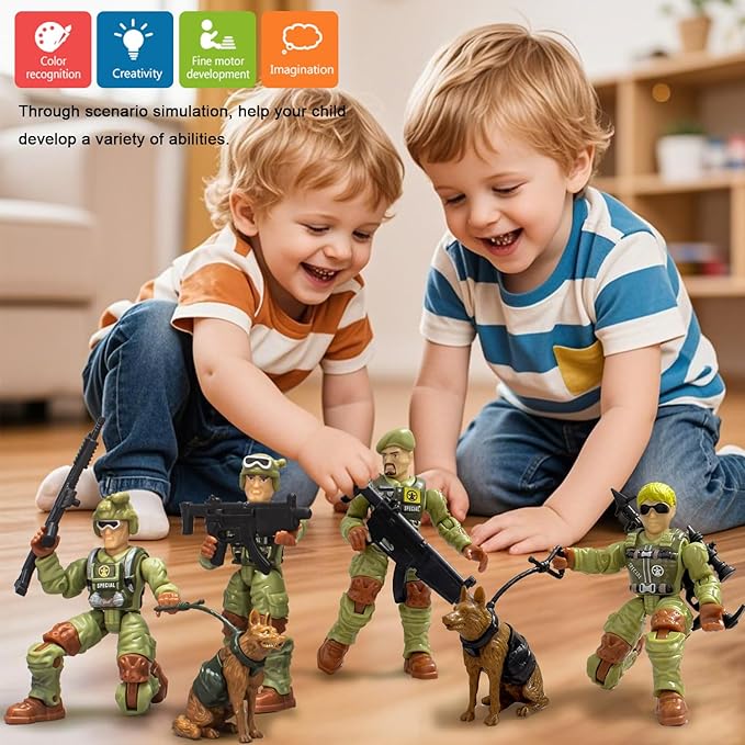Army Men Action Figures,Toy Soldiers for Boys Age 4-7,Military Playset,Plastic Army Men Toys with 2 Dog Figures 6 Weapons Birthday Gift for Military Collectors Boys 6-8